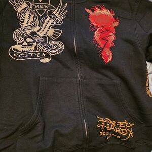 Ed Hardy Black Hoodie with Red and Gold Designs